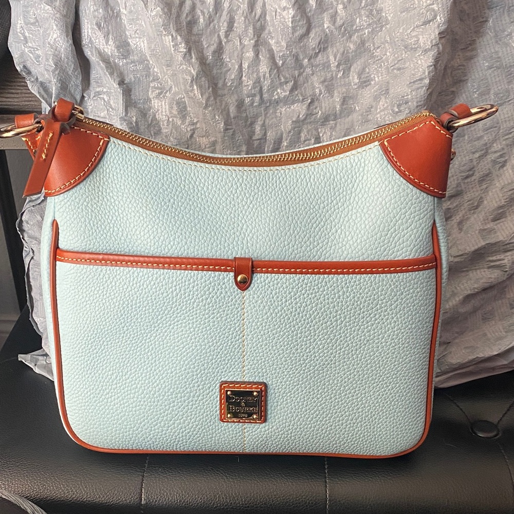 Dooney & Bourke Light Blue Pebble Leather Shoulder Bag with Tan Trim